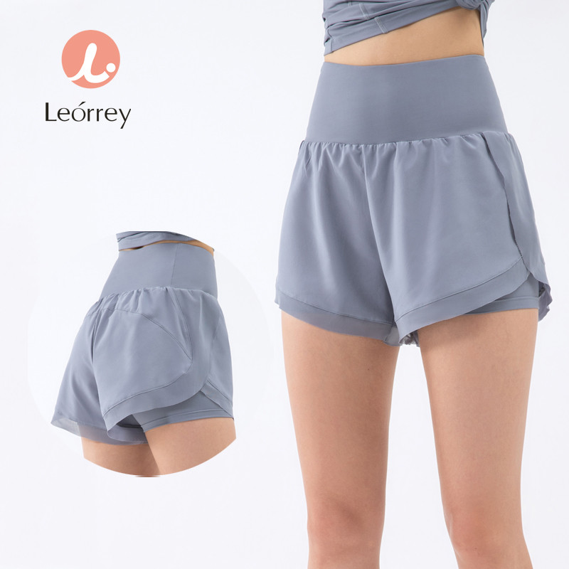 Leorrey-กางเกงขาสั้นกีฬาหลวมวิ่งกางเกงออกกำลังกายลำลองเอวสูงเก็บหน้าท้องกางเกงโยคะ
