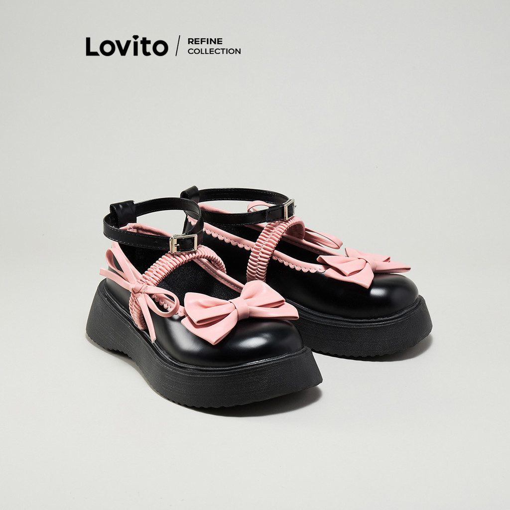 (Lovito Refine) รองเท้าแมรี่เจนผู้หญิง ส้นหนา พื้นนิ่ม สวมใส่สบาย แต่งโบว์ สีพื้น แบบตัดกัน สไตล์ลำลอง LFA43664