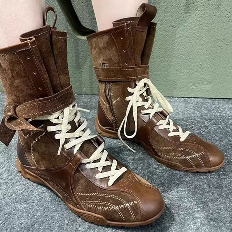 รุ่นหนังวัวchelsea boots ~ Retro ด้านในเพิ่มความสูง Martin รองเท้าหญิงอังกฤษรอบ Toe Lace-Up กีฬารองเท้าสั้นรองเท้ามวยเยอรมันการฝึกอบรม Boot