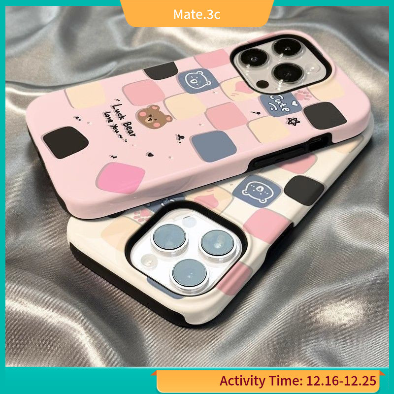 Two-in-one เคสโทรศัพท์มือถือแบบฟิล์มแม่เหล็ก ลายหมี ตาราง สําหรับ Iphone 15promax 14 13 12 11 xs EKQF