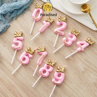💕เทียนโบว์ สีชมพูน่ารัก เบอร์ 0-9 สําหรับตกแต่งเค้กวันเกิดParadised