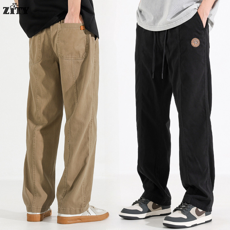 【M-4XL ผ้าลูกฟูก】ทรงหลวม สีกากี กางเกงผู้ชาย แฟชั่นฤดูร้อน สไตล์เกาหลี กางเกงขายาวผู้ชายวินเทจทรงกระบอก
