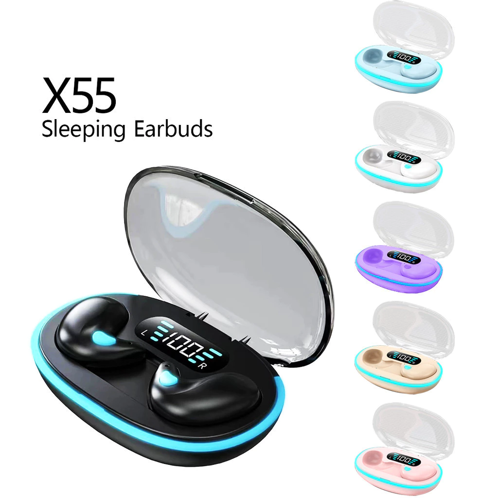 X55 ไร้สาย Sleeping หูฟัง Hi-fi เสียงสเตอริโอ Build-in Mic จอแสดงผล LED หูฟังปุ่มควบคุมชุดหูฟังกันน้ําหูฟังตัดเสียงรบกวนสําหรับโทรศัพท์ทั้งหมด