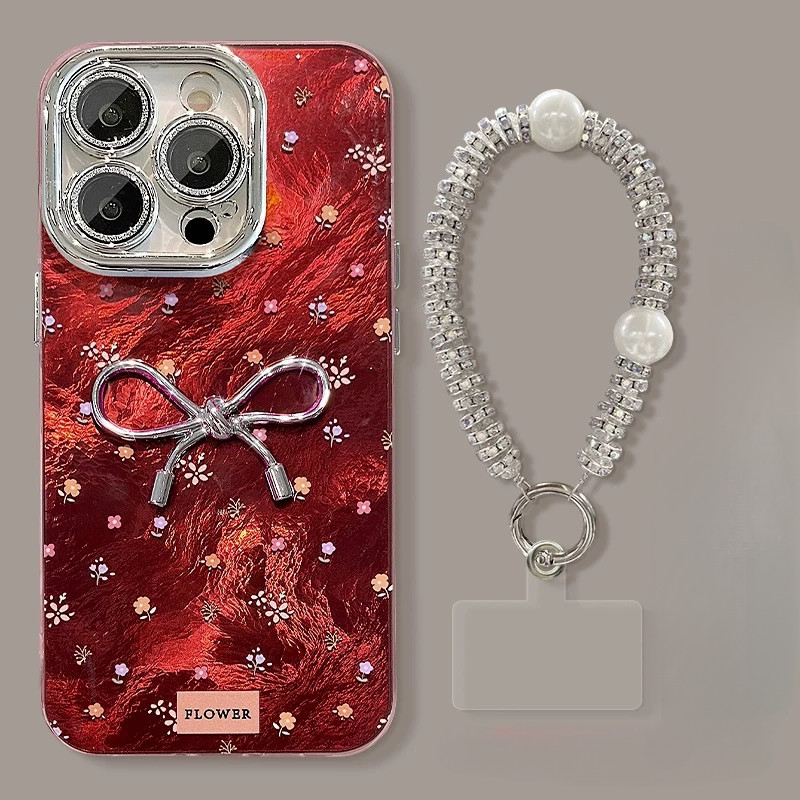 Lucky Bowknot Chainเคสโทรศัพท์สําหรับIPhone 16 13 11 14 15 12 Pro Max Plus 14Pro 13Pro 15Pro 12Pro Max 15Plusกรณีชุบกล้องเลนส์ProtectorกันกระแทกSoft Lanyard Cover