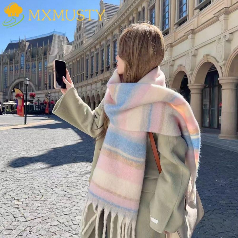 Mxmusty ยาวขนสัตว์พู่ผ้าพันคอ,สไตล์เกาหลีข้นฤดูหนาวผ้าพันคอแคชเมียร์,หรูหรากันความเย็นสบายๆผู้หญิงแคชเมียร์ผ้าคลุมไหล่หญิ