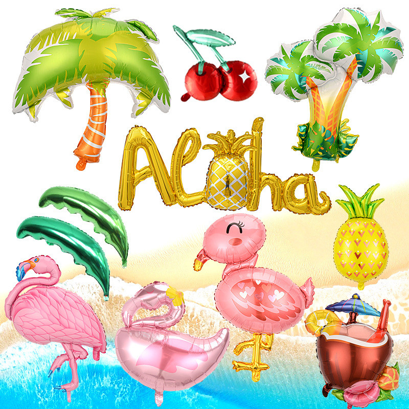 A1161 ตกแต่งบอลลูนฟิล์มอลูมิเนียมธีมชายหาด  ใบมะพร้าว ฮาวาย สับปะรด บอลลูนต้นมะพร้าวใหม่บฟลามิงโก