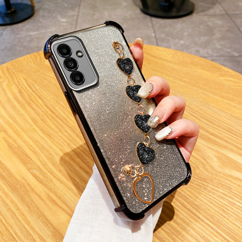 SAMSUNG ปลอกสําหรับsamsung Galaxy A55 A35 A25 A54 A34 A16 5G A15 A14 A13 4G 5G A24 A04S 4GหรูหราElectroplated Loveสร้อยข้อมือประกายโปร่งใสAnti Dropเคสโทรศัพท์