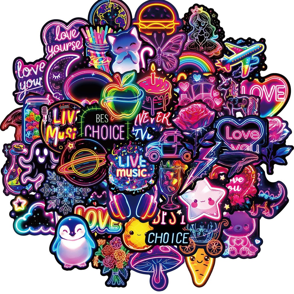 50pcs Cool Neon Light Love Rose Graffiti สติกเกอร์ Graffiti สําหรับบัญชีมือจักรยานดินสอ Decals LanLanStickersWorld