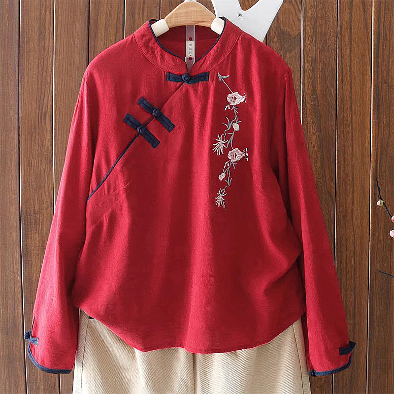 สไตล์จีนผู้หญิงสุภาพสตรีหลวมวินเทจ กี่เพ้า เย็บปักถักร้อยเสื้อแขนยาวเสื้อ