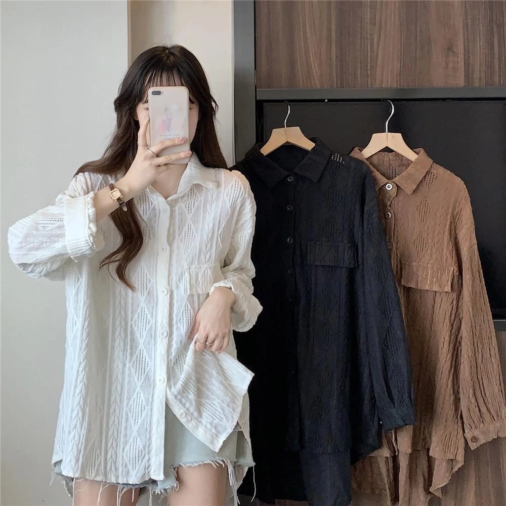 KOKO#เสื้อซีทรูเชิ้ตกันแดดสตรี ดีไซน์โครเชต์ลูกไม้แบบกลวง แขนยาวเสื้อเชิ๊ตตัวยาวปานกลางทรงหลวม#W545