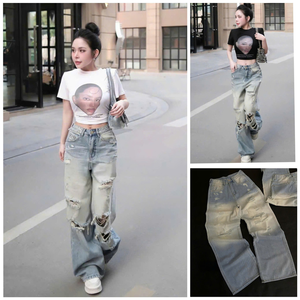 Gigi Closet QCCC QCL1 QD0615 9522 กางเกงยีนส์ยีนส์ทรงหลวมขาดๆ