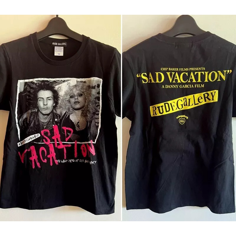 Sex Pistols Band Sad Vacation 90s Basic สีดํา 2 ด้าน T เสื้อลูกเรือคอ Casual เสื้อยืดแขนสั้น unisex 