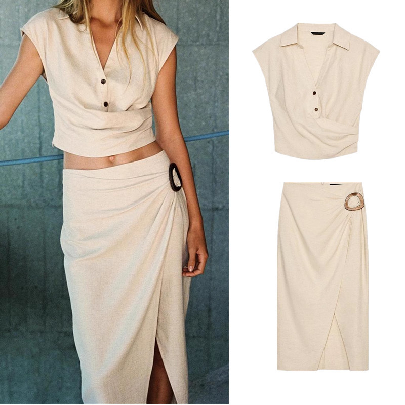 เสื้อแขนกุดจับจีบผ้าลินินผสม ZARA7969033 กระโปรงหัวเข็มขัด7969034