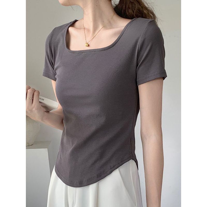 MMD แขนสั้นผู้หญิงธรรมดาเสื้อยืด 6936 รูปไข่ Croptop เสื้อผู้หญิง Spandex Crop Top แขนสั้น Croptee เ