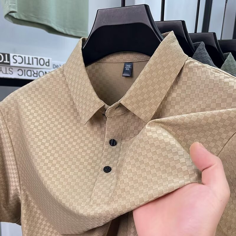 EERSHENSHI เสื้อโปโลผ้าไหมน้ําแข็ง Jacquard Grid ระดับไฮเอนด์สําหรับผู้ชายฤดูร้อนรู้สึกเย็น