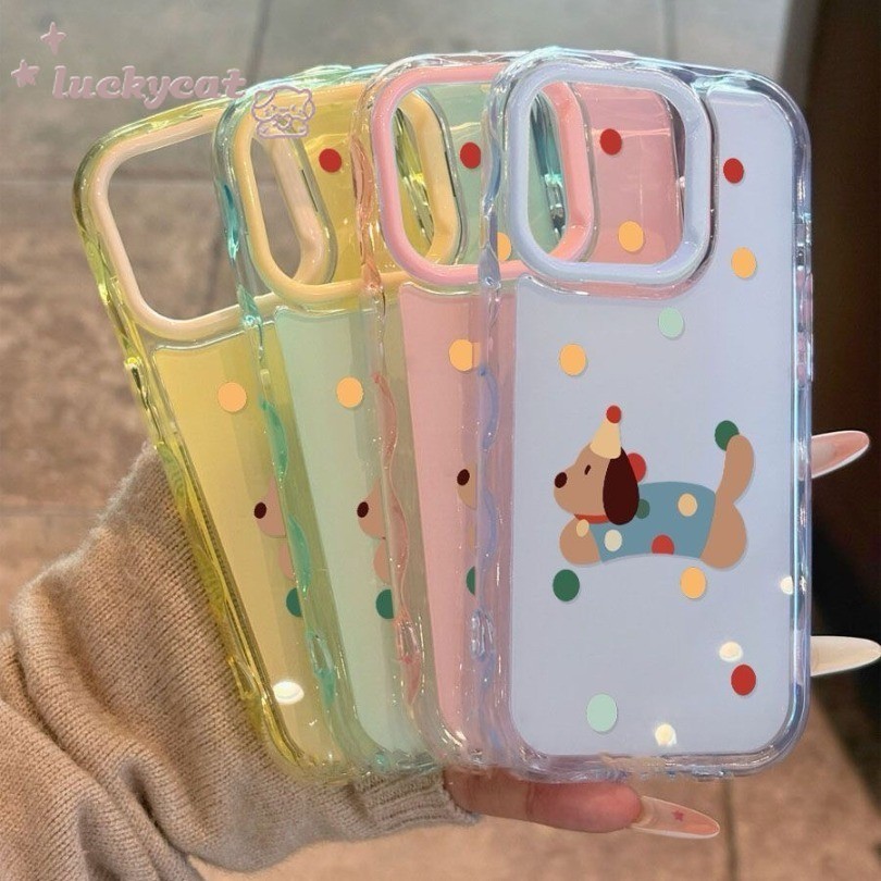 เข้ากันได้กับ iPhone 16 15 14 13 12 11 Pro Max X Xr Xs Max เคสโทรศัพท์ Ins น่ารักสีสัน Polka Dot Puppy สี Jelly นุ่มปกหลัง ราคา ถูกที่สุด ดีลบีเคเค