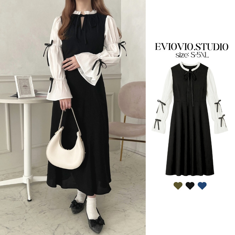 【EVIOVIO】 S-5XL เดรสสไตล์วินเทจเกาหลี แขนชีฟองพองแต่งโบว์ เดรสสวยผู้ดี สไตล์เรียบหรู น่ารักสายหวาน