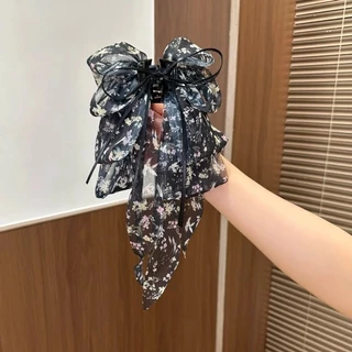 สีดําหลายชั้น Organza Bow Hair Clamp ผู้หญิงs Retro ดอกไม้ผมหางม้าคลิปผมอุปกรณ์เสริมผม