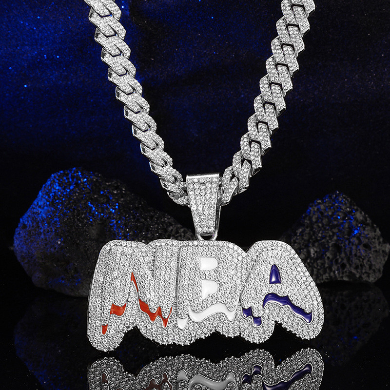 สร้อยคอฮิปฮอป NBA สไตล์ใหม่ ตัวอักษรเพชร Rhinestone Cuban Chain คุณภาพสูง