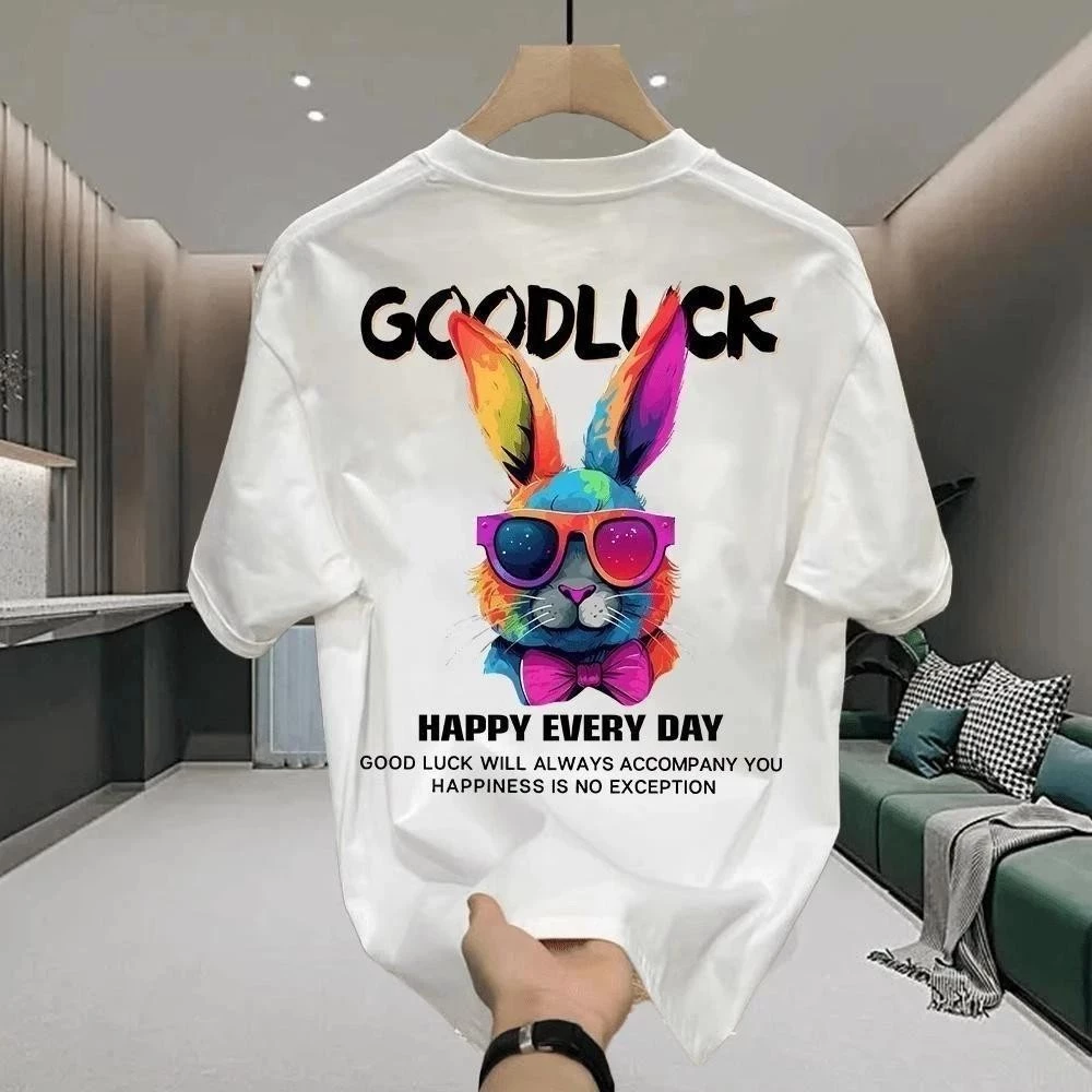 เสื้อยืดผู้ชายเท่ๆ เสื้อยืดคอกลม-แขนสั้น สกรีนลายกระต่ายสุดเท่ oversizeแฟชั่นผู้ชายเท่ๆ สตรีทแฟชั่นฮิปฮอปชาย เสื้อคนอ้วน