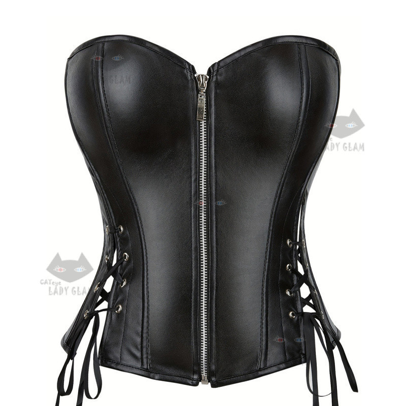 CATeye03190 LadyGlam Gorgeous Elegant Corset, PU Leather Corset, Front Zipper & Back Lacing with Bon