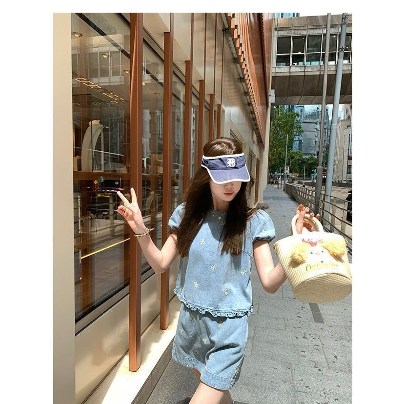 Luma Island Adventure Floral Denim Sleeve Vest สกีสั้น$露คู่มือชุดสูทเอวสูง /0518