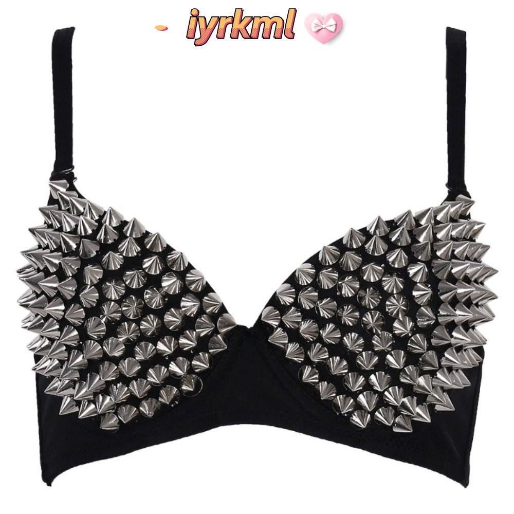IYRKML793 Rave Bralette ชุดชั้นใน, Silver Rivets Punk ผู้หญิง Bras, แฟชั่น Push Up Gothic Bra ไนท์คลับ Party Bar