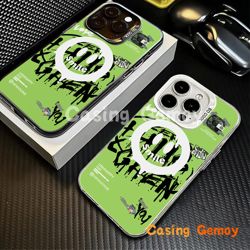 HP HIJAU Streetwear Smile Face สีเขียวพื้นหลังสําหรับเคสโทรศัพท์ OPPO, A17K A17 A16 A15 A57 A53 A32 