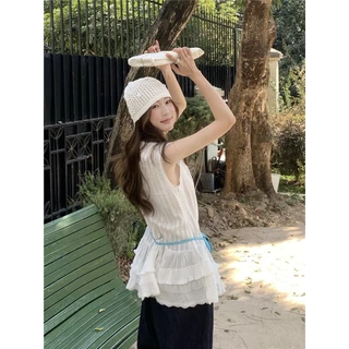 เสื้อกั๊กลูกไม้สีขาวสไตล์เกาหลีผู้หญิงหลวมด้านบน