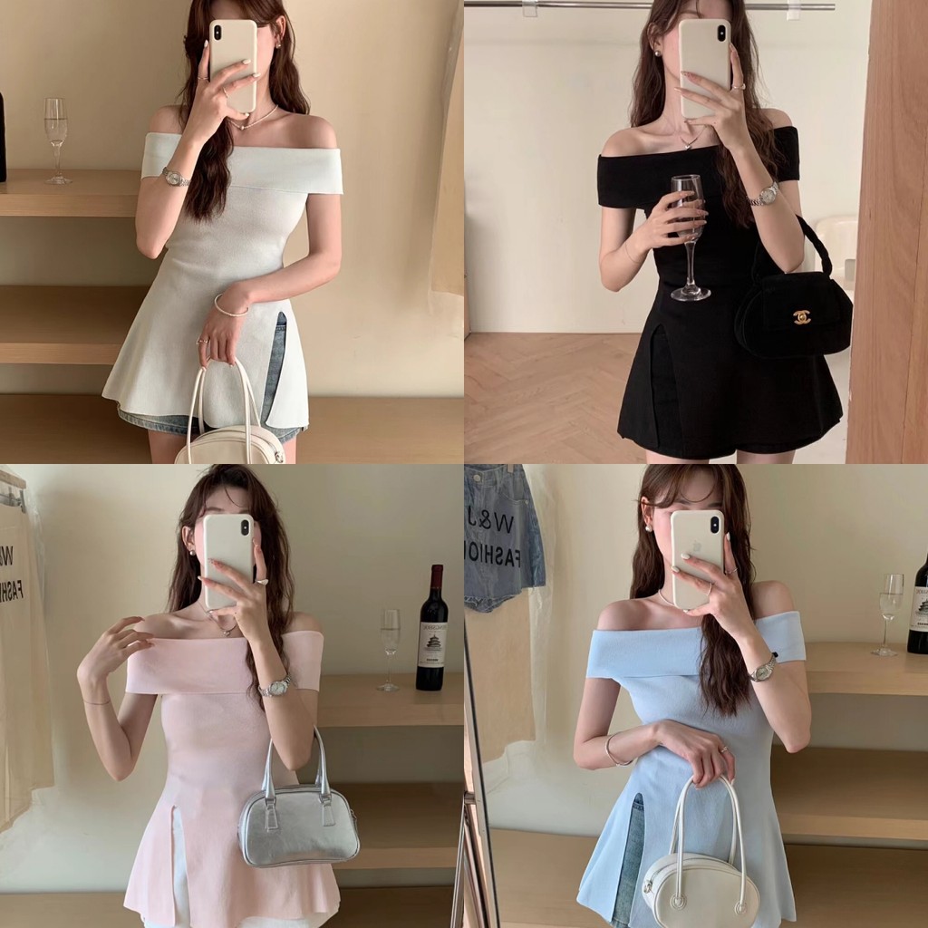 💜Bonnie​💜เสื้อไหมพรมเปิดไหล่ แขนสั้นใส่สบาย น่ารัก ดีเทลปลายปล่อยแหวกข้าง เสื้อยืดผู้หญิง เกาหลี แฟชั่น ใส่สบาย#792