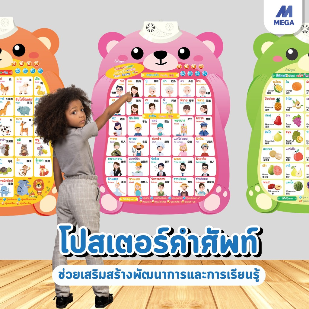 โปสเตรพูดได้ 3 ภาษา โปสเตอร์สอนคำศัพท์ สือการสอน เรียนคำศัพ โปสตอร์กไก ผลไม้ ABC สัตว ของเล่นเสริมพัฒนาการเด็ก