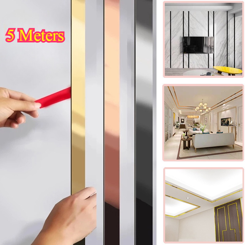แผ่นสแตนเลส มีกาวในตัว 5เมตร ยาว สีทอง สีโรสโกลด์ สติกเกอร์ วอลเปเปอร์ ตกแต่งบ้าน แบบเงา