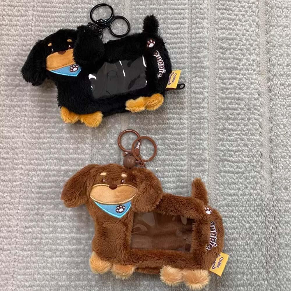 Riverstone Dachshunds Card Cover, PP Cotton Dust Sausage Dog Card Holder, Cute Doll Bell PVC Plush Photo Protective Case Girl