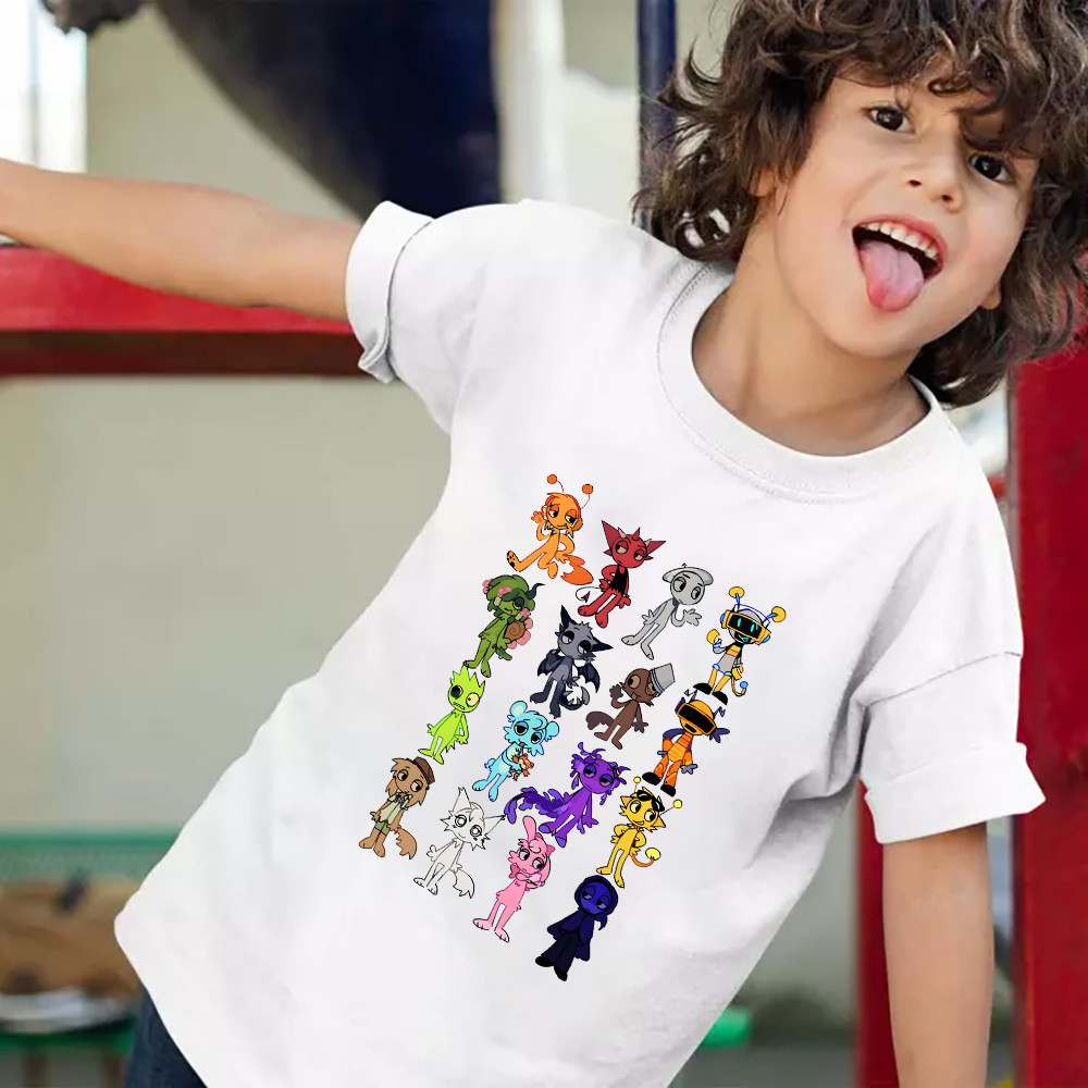 ชายหญิงสบายๆด้านบน Incredibox Sprunki การ์ตูนตัวอักษรพิมพ์เด็กเสื้อยืดแขนสั้นเสื้อผ้าลูกเรือคอ