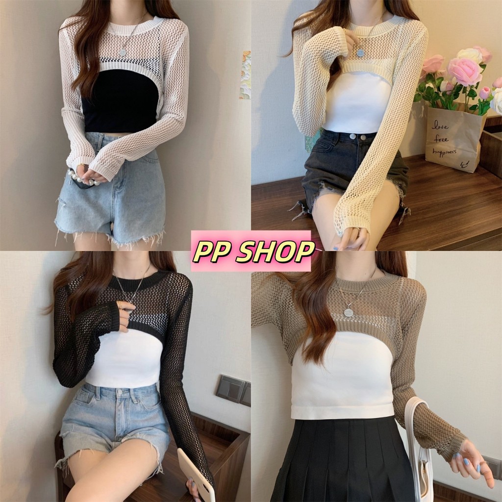 PP shop พร้อมส่ง แขนยาว เสื้อไหมพรม เสื้อกันหนาว คอกลม กลวงเสื้อคลุมกันแดด เซ็กซี่ เสื้อผ้าแฟชั่นผู้หญิง น่ารักๆ#78040