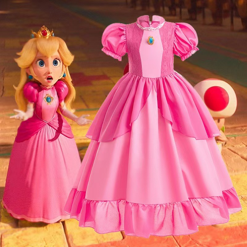 UhomePrincess Peach Costume Girls Birthday Party Princess Peach Dress Kids Halloween Cosplay Peach P