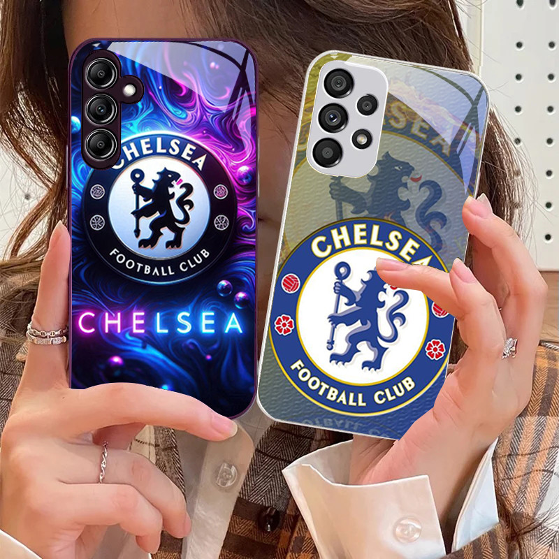 SAMSUNG เชลซีฟุตบอลคลับกระจกนิรภัยเคสโทรศัพท์สําหรับsamsung Galaxy S24 Plus S20 FE S23 Ultra A16 A15 A70 A72 A73 A50 A51 A52 A53 หรูหราสีฝาครอบโทรศัพท์