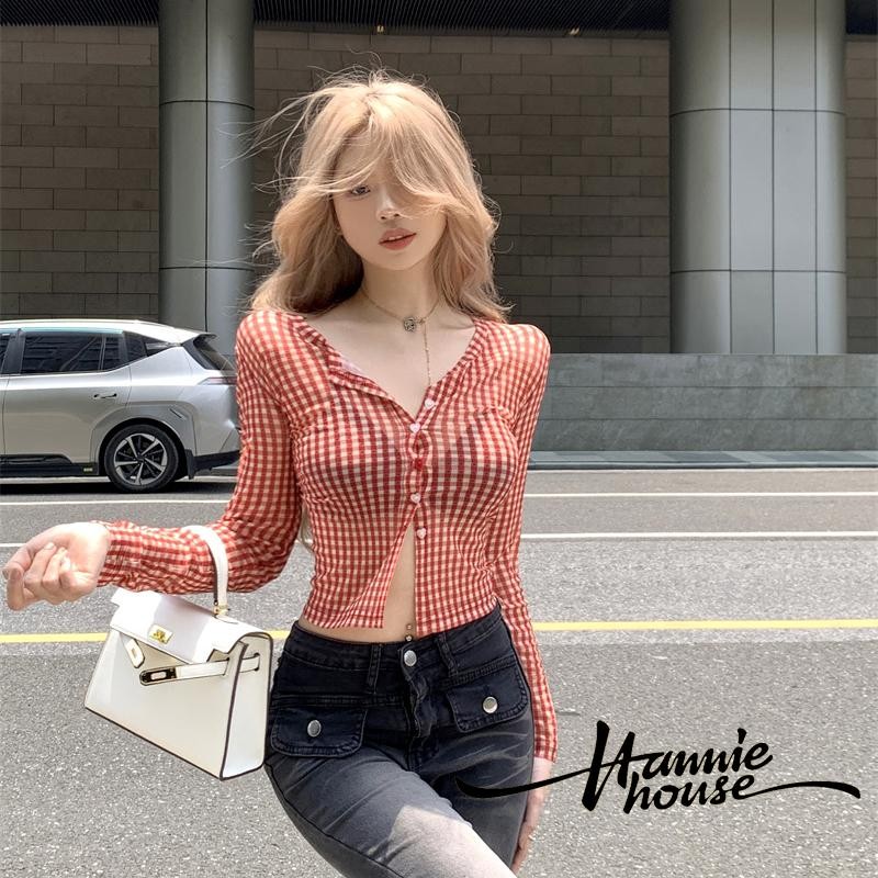 Hanie House- เสื้อตาข่ายพิมพ์ลายลายสก๊อตคอกลมแขนยาวสําหรับผู้หญิง