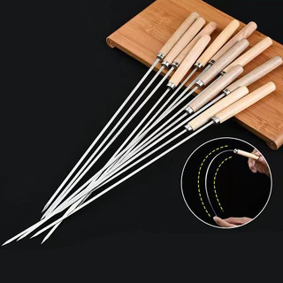 UTENSILS 10pcs ไม้เสียบสแตนเลสบาร์บีคิวแบนใช้ซ้ำได้แท่งเข็มบาร์บีคิวสำหรับย่างเนื้อกุ้งไก่ผัก