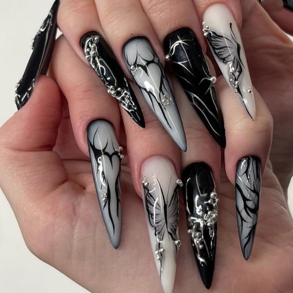 เล็บปลอม ชุดเล็บปลอมแหลมระลอกคลื่นเย็นยาวพร้อมกาวเล็บปลอมกดบนเล็บ ราคา ถูกที่สุด ดีลบีเคเค