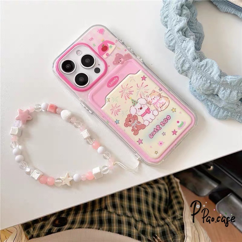 สัตว์น่ารักเข้ากันได้เคสไอโฟน 11 16 13 XR 15 14 12 Pro Max 7 8 Plus X XS Max SE ลูกสุนัขลูกแมวเชือกกระเป๋าสตางค์บัตรเคส