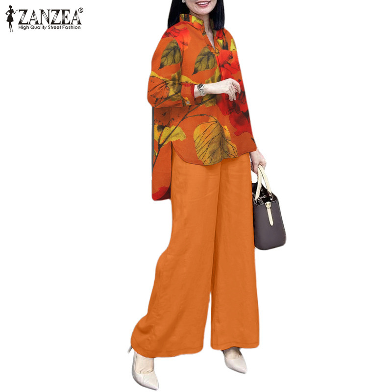 ZANZEA ใส่ ซานเซีย ผู้หญิงเกาหลีข้อเท้าความยาวเอวยางยืดพิมพ์เปิดลง-ปกเสื้อชุดสองชิ้น — صورة 7
