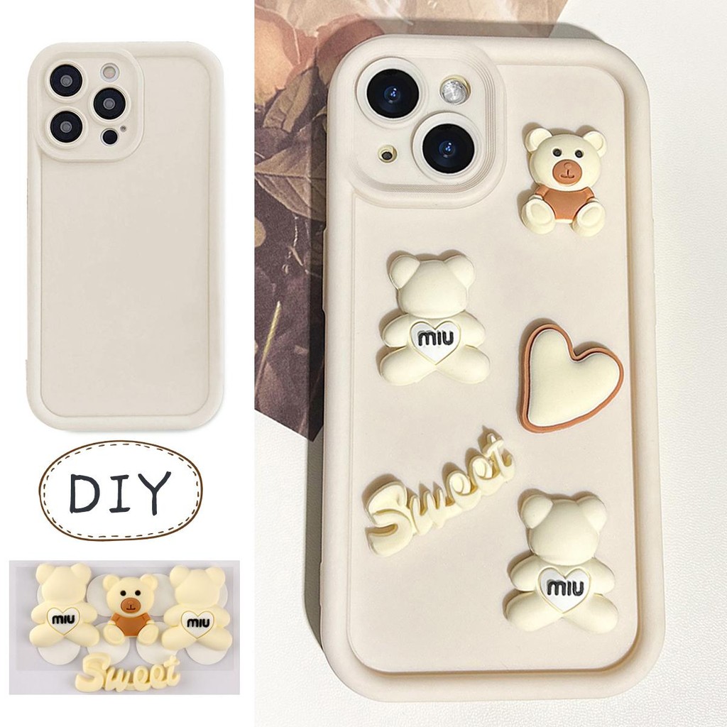 3D DlY case for เคสไอโฟน11 13 12 14 15 16 PRO MAX XR XS MAX 7 8 14 15 PIUs เคสโทรศัพท์ซิลิโคนหัวใจและหมีสีทึบเรียบง่าย