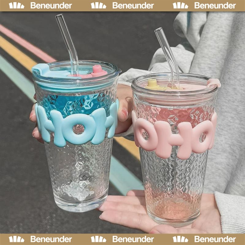 YTL แก้วกาแฟลายแนวตั้แบบมีฝาปิดมีหลอดดูดสไตล์ INS ถ้วยแก้วบอโลซิลิเกตสูง glass cup