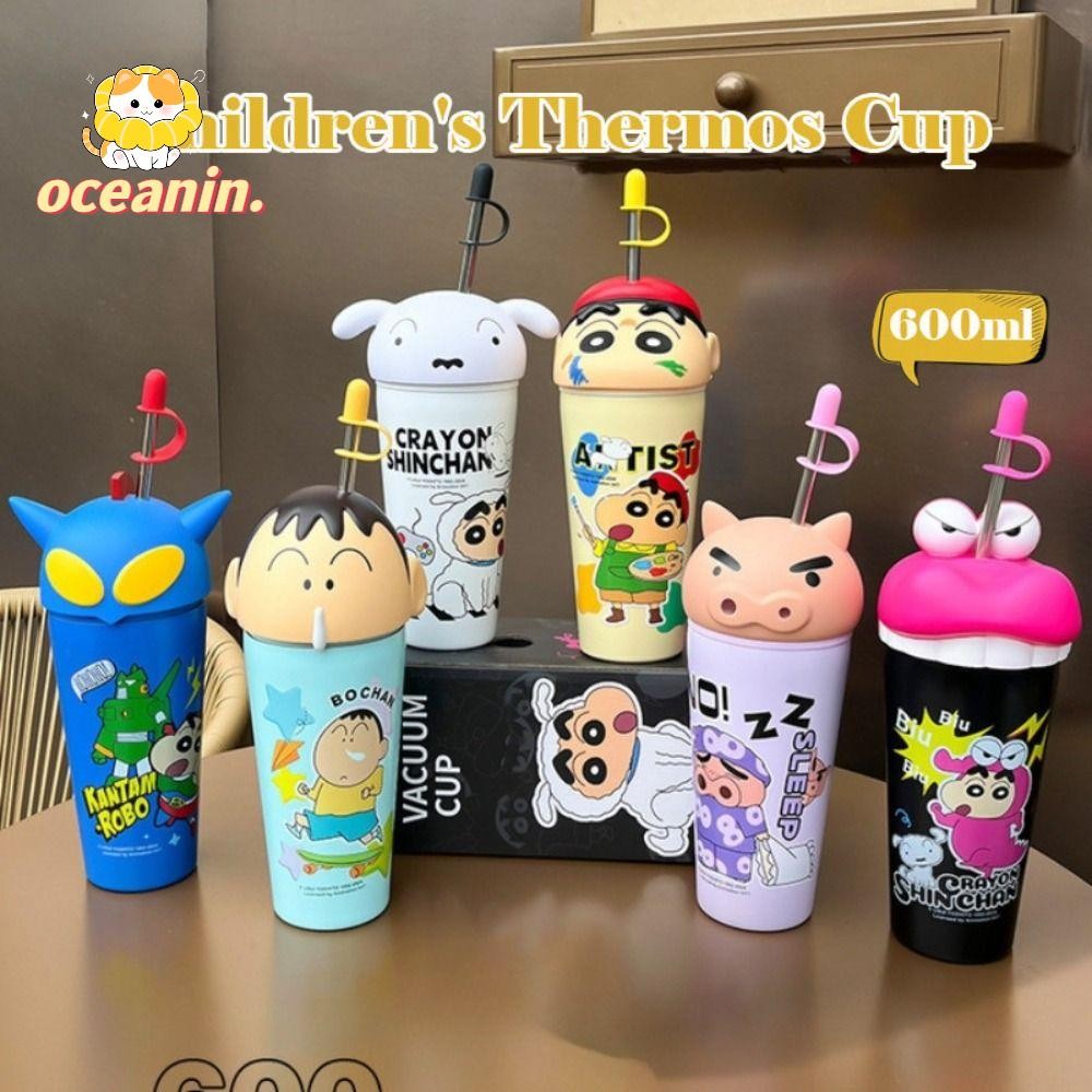 Oceanin Crayon Shin-Chan ถ้วยเก็บความร้อน, ถ้วยสแตนเลส 304 ขนาด 600ml พร้อมฟางถ้วยกาแฟที่มีความจุสูง