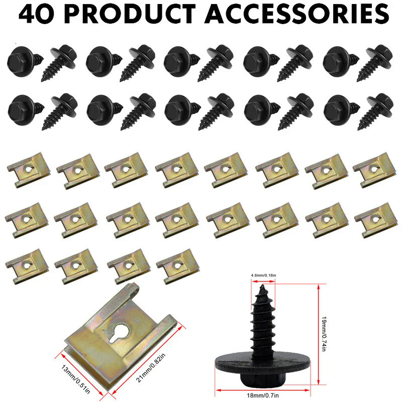 40Pcs Engine Guard Metal Nut Screw Washers U-shape Clip Car Bumper Cross Head Interior Accessories  