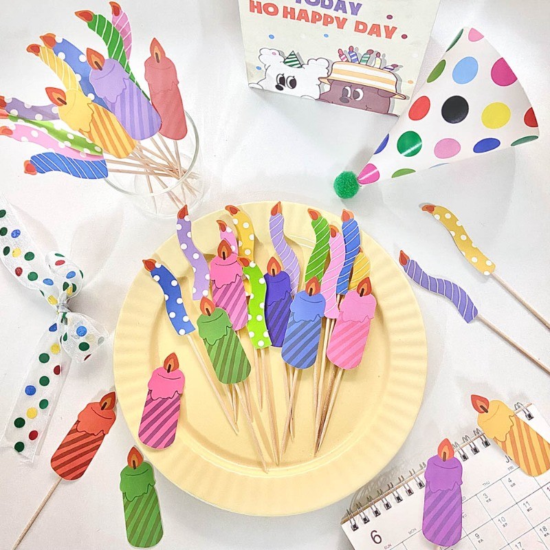 เกาหลีย้อนยุค Ins การ์ตูนที่มีสีสันเทียนรูปใส่การ์ดโค้ง Wave Dot Stripe เทียนวันเกิดเค้กตกแต่ง Plugin