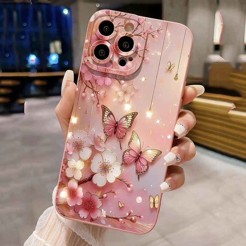 สีชมพูเคสโทรศัพท์สําหรับiPhone 13 12 11 14 15 16 17 Pro Max XR X XSผีเสื้อการออกแบบดอกไม้ซิลิโคนนุ่ม
