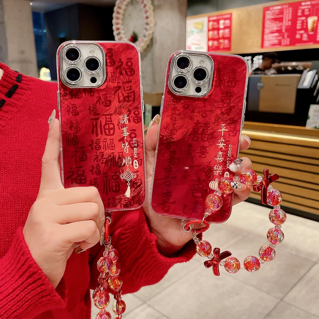 เคสโทรศัพท์สีแดงจีนปีใหม่พร้อมฟิล์มกันรอยเลนส์ในตัวเหมาะสําหรับ IPhone 16 15 14 13 12 11 Pro Max Plus เคสป้องกันการตกแบบแข็งแบบรวมทุกอย่าง