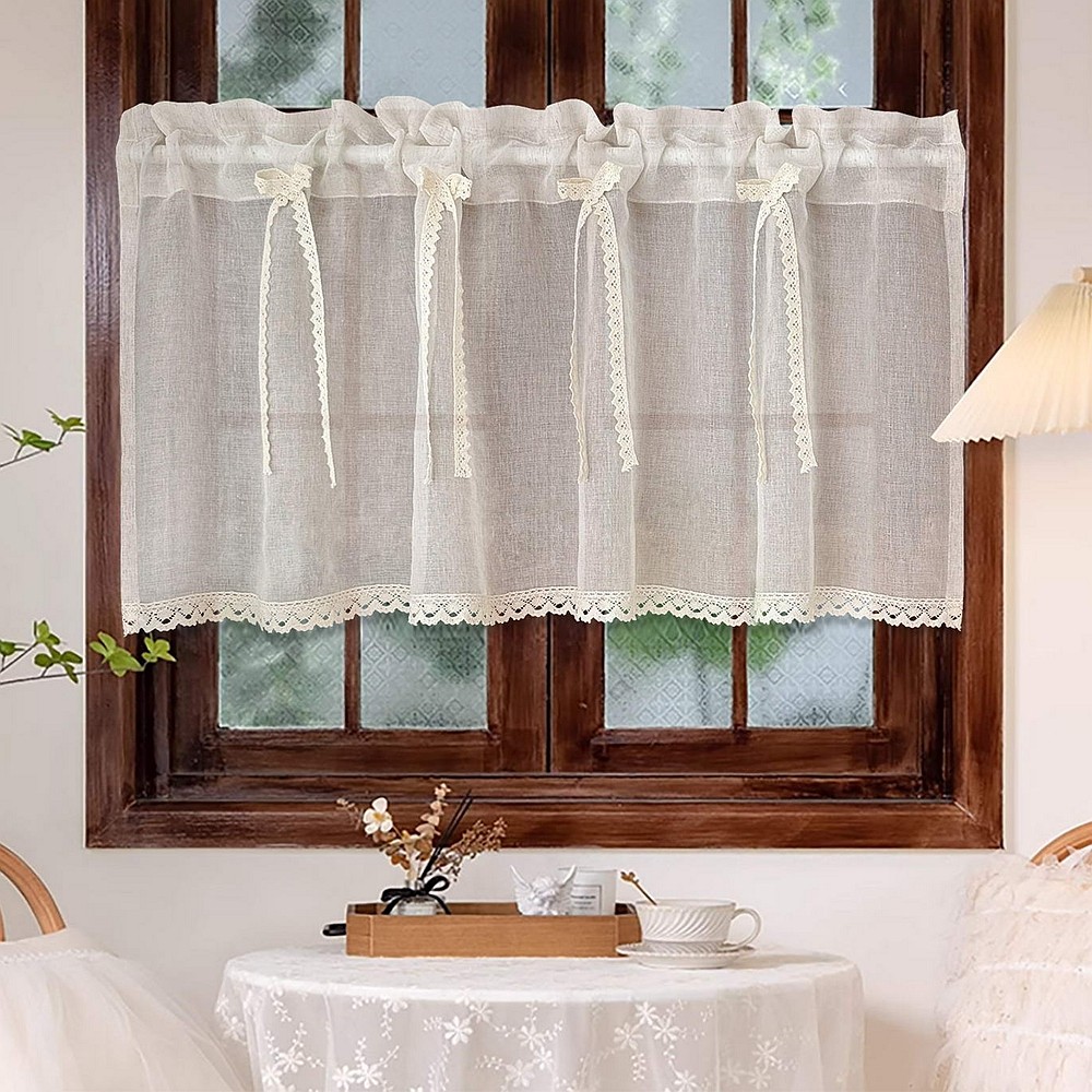 Farmhouse Deisgn Boho Sheer ผ้าม่านสั้น Bowknot ผ้าลินิน Textured Neutral ผ้าม่าน Topper ชั้นห้องครัว Valance สําหรับ Cafe หน้าต่างขนาดเล็ก Rod กระเป๋า